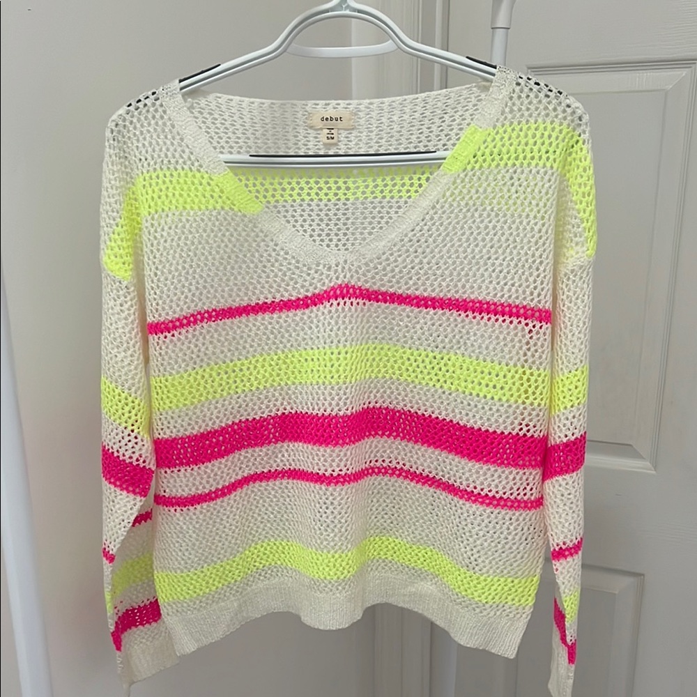 Crochet Knit V-Neck Sweater Lightweight with peppy neon stripes